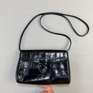 Vintage Furla Black Croc Embossed Leather Crossbody Bag Removable Strap Italy